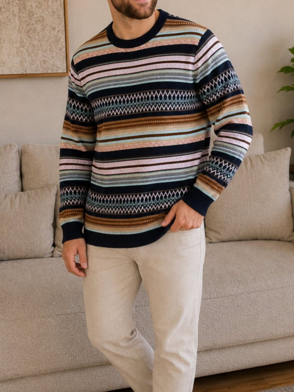 Club Room Men’s Fair Isle Stripe Merino Wool Blend‎ Crewneck Sweater Size M